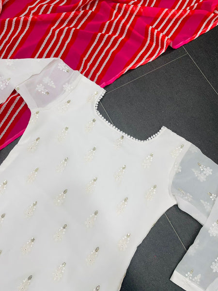 White color Georgette Thread Work Suit with Slub Cotton Pent and Digital Print Dupatta