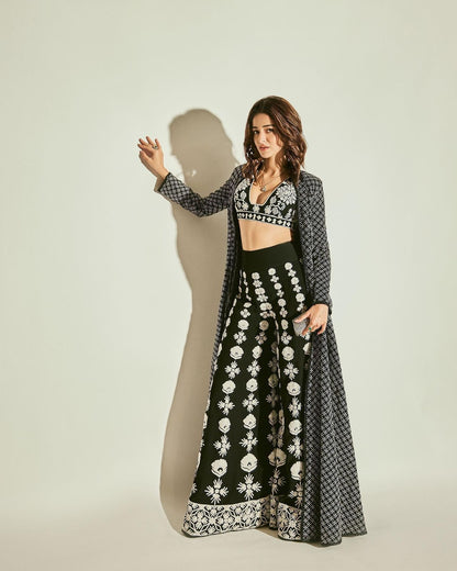 Black color Faux Georgette Thread Work Ensemble Plaza, Blouse & Shrug Set