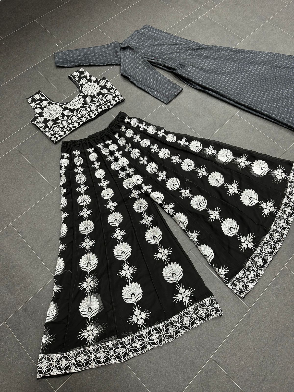 Black color Faux Georgette Thread Work Ensemble Plaza, Blouse & Shrug Set