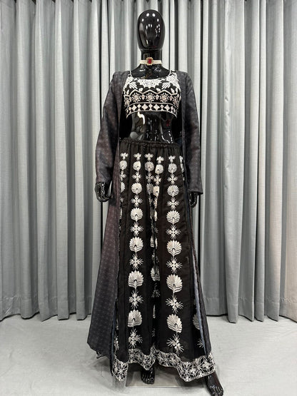 Black color Faux Georgette Thread Work Ensemble Plaza, Blouse & Shrug Set
