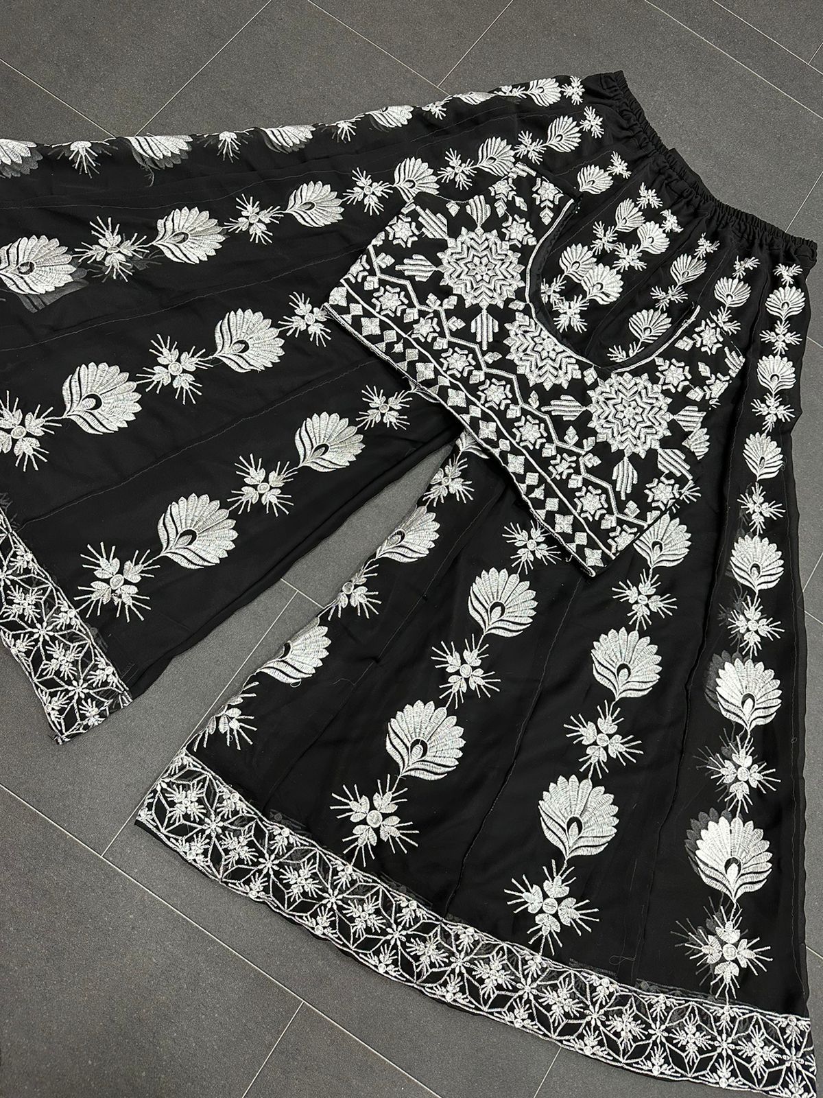 Black color Faux Georgette Thread Work Ensemble Plaza, Blouse & Shrug Set