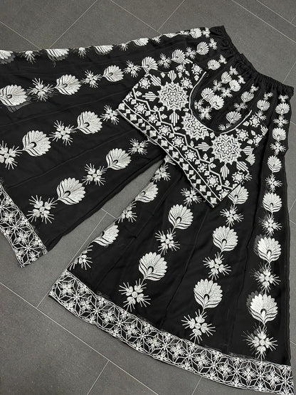 Black color Faux Georgette Thread Work Ensemble Plaza, Blouse & Shrug Set
