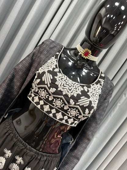 Black color Faux Georgette Thread Work Ensemble Plaza, Blouse & Shrug Set