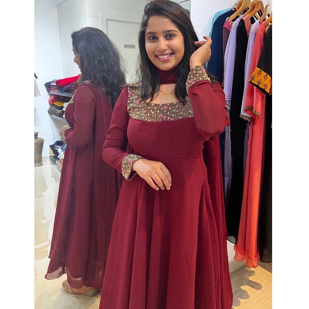 Latest Embroidery Georgette Maroon Color Suit Pend Dupatta