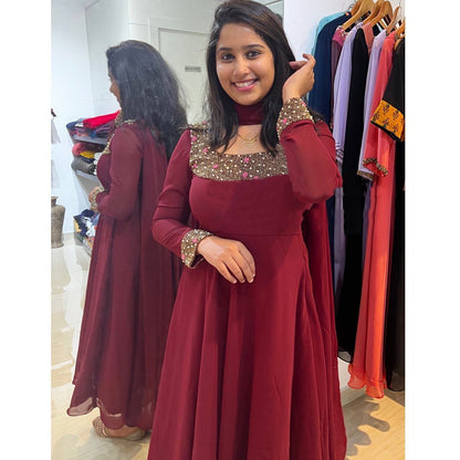 Latest Embroidery Georgette Maroon Color Suit Pend Dupatta
