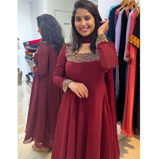 Latest Embroidery Georgette Maroon Color Suit Pend Dupatta
