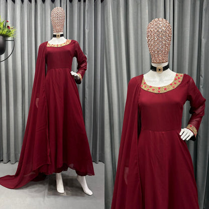Latest Embroidery Georgette Maroon Color Suit Pend Dupatta