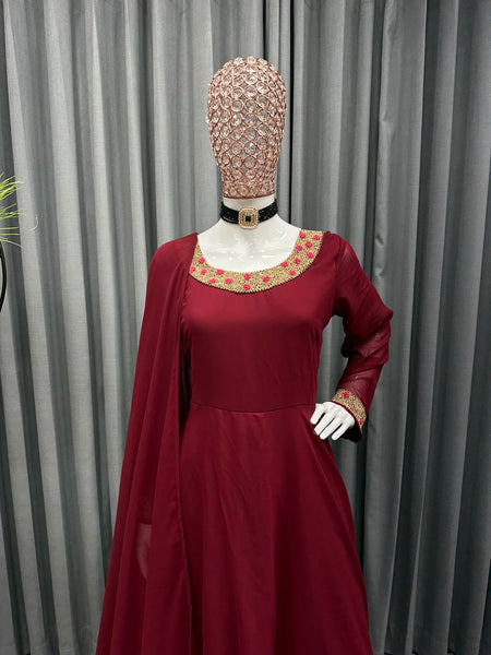 Latest Embroidery Georgette Maroon Color Suit Pend Dupatta