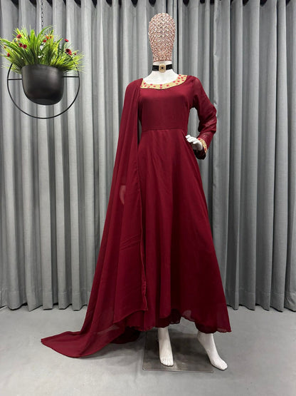 Latest Embroidery Georgette Maroon Color Suit Pend Dupatta