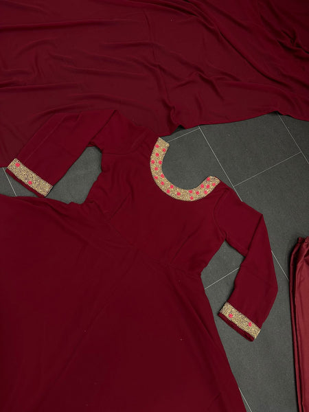Latest Embroidery Georgette Maroon Color Suit Pend Dupatta