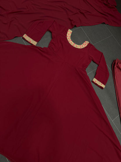 Latest Embroidery Georgette Maroon Color Suit Pend Dupatta