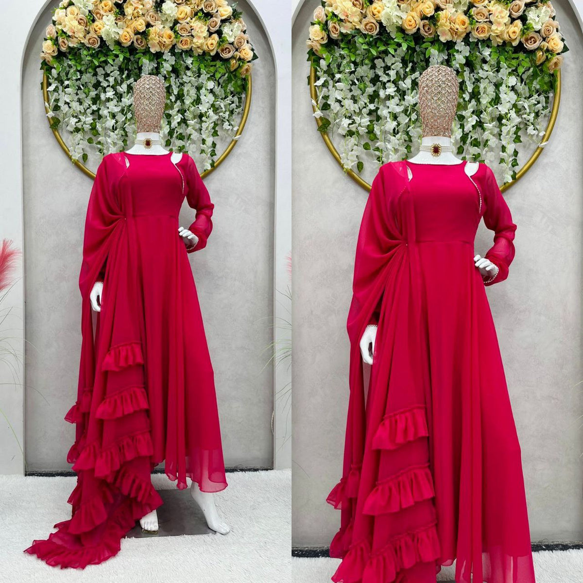 Elegant Anarkali Gown With Lace Border Dupatta