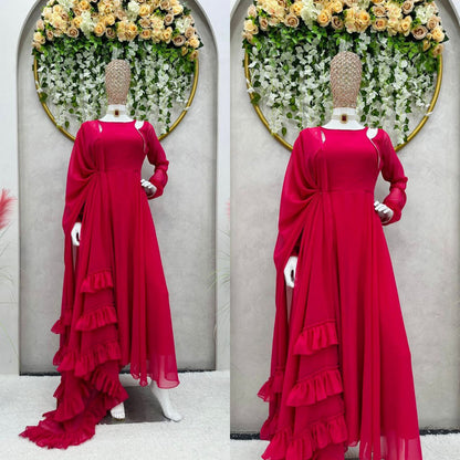 Elegant Anarkali Gown With Lace Border Dupatta