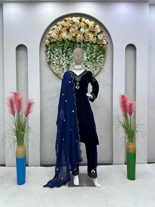 Alia Velvet Mirror Work Top pent dupatta Set