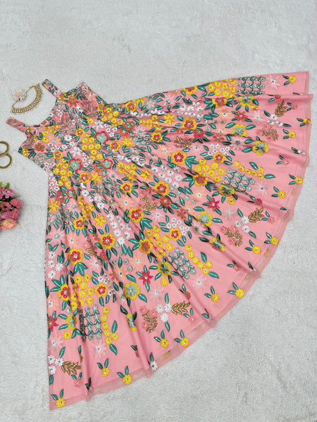 Light Pink flower design Sequence Work Soft Net Gown
