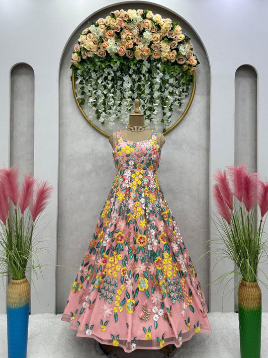 Light Pink flower design Sequence Work Soft Net Gown