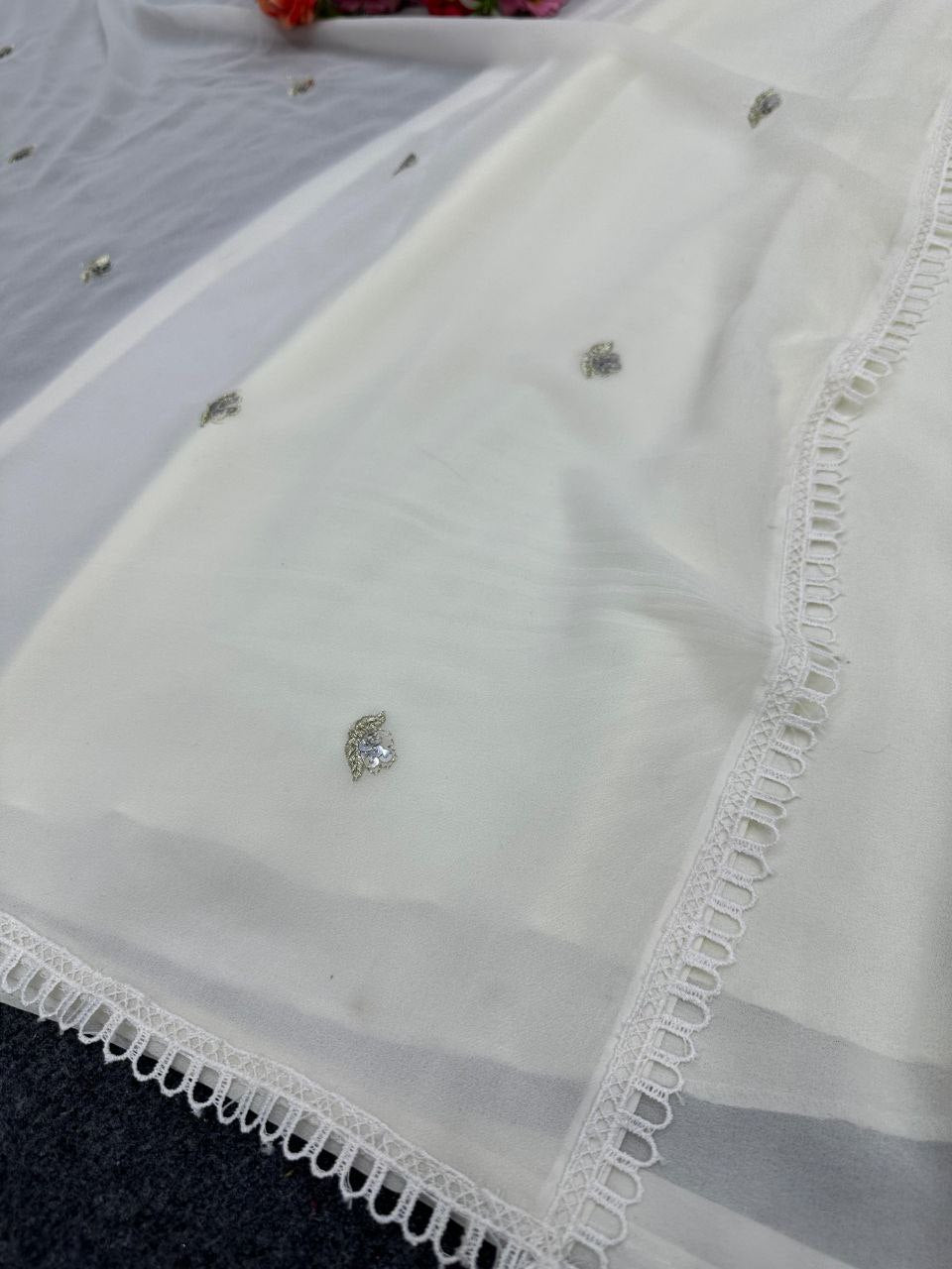 White Color Georgette Embroidery Suit Pent Dupatta Set
