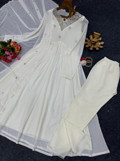 White Color Georgette Embroidery Suit Pent Dupatta Set
