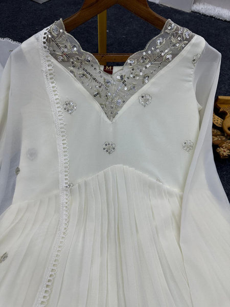 White Color Georgette Embroidery Suit Pent Dupatta Set
