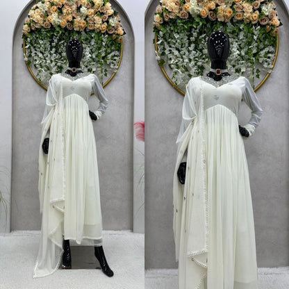 White Color Georgette Embroidery Suit Pent Dupatta Set
