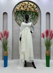 White Color Georgette Embroidery Suit Pent Dupatta Set
