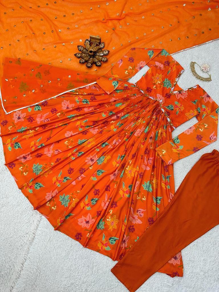 Orange color Alia cut suit pent dupatta Anarkali Gown  set