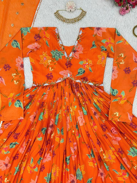 Orange color Alia cut suit pent dupatta Anarkali Gown  set