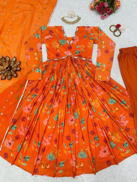 Orange color Alia cut suit pent dupatta Anarkali Gown  set