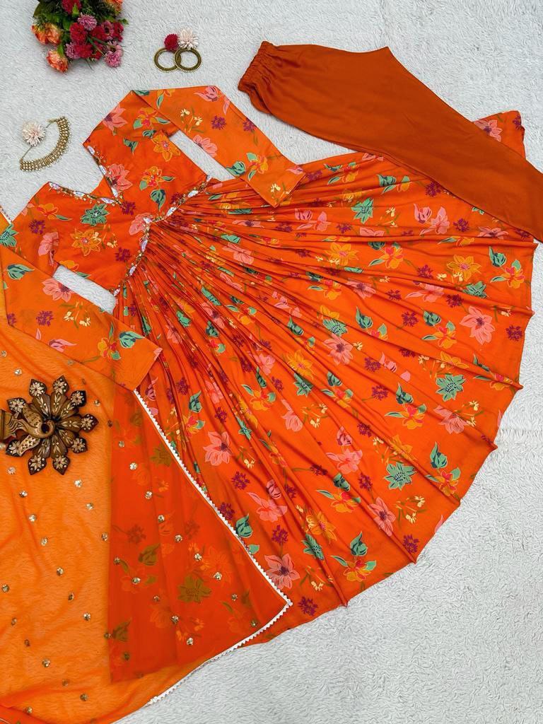 Orange color Alia cut suit pent dupatta Anarkali Gown  set