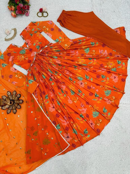 Orange color Alia cut suit pent dupatta Anarkali Gown  set