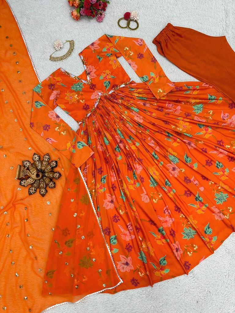 Orange color Alia cut suit pent dupatta Anarkali Gown  set