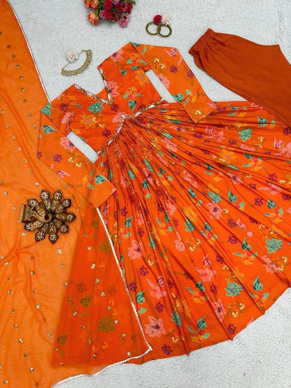 Orange color Alia cut suit pent dupatta Anarkali Gown  set