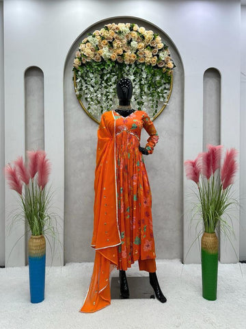 Orange color Alia cut suit pent dupatta Anarkali Gown  set