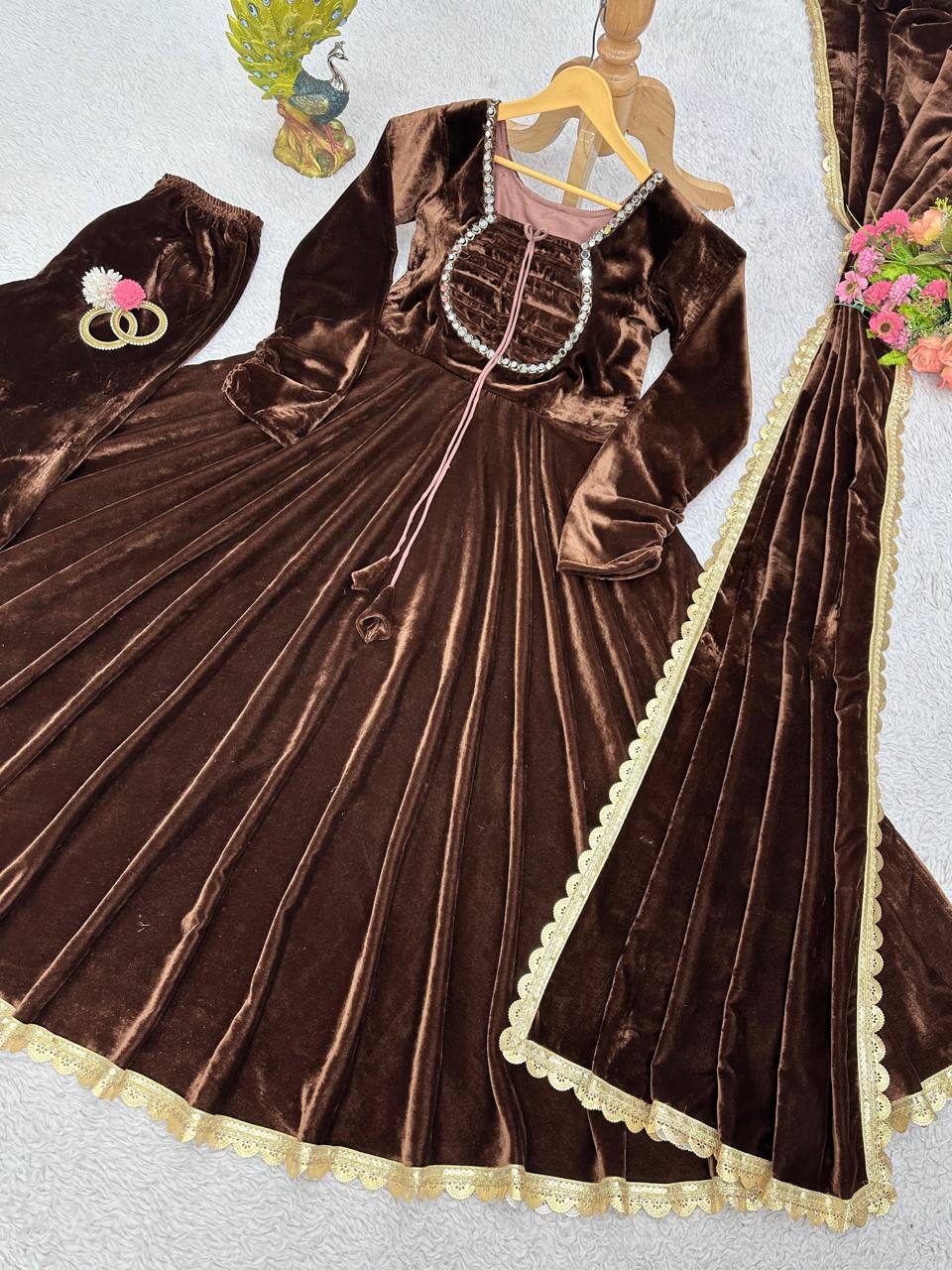 Dashing Velvet Readl Mirror Work Ready Made Anarkali Salwar Suit