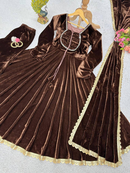 Dashing Velvet Readl Mirror Work Ready Made Anarkali Salwar Suit