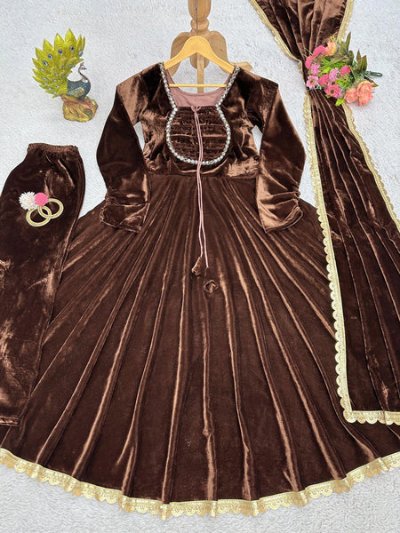Dashing Velvet Readl Mirror Work Ready Made Anarkali Salwar Suit