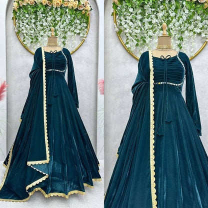 Dashing Velvet Readl Mirror Work Ready Made Anarkali Salwar Suit