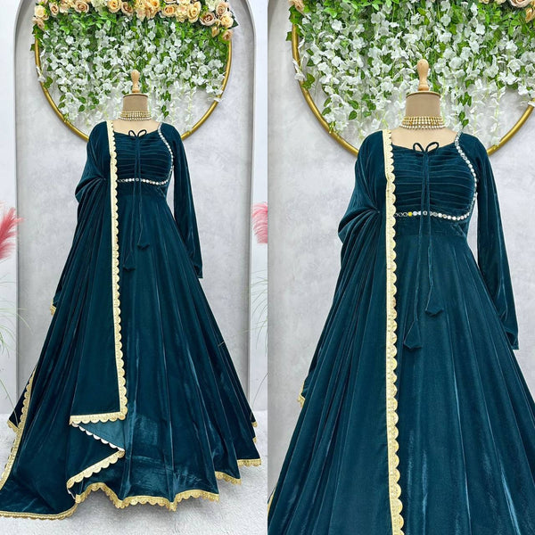 Dashing Velvet Readl Mirror Work Ready Made Anarkali Salwar Suit