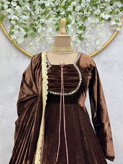 Dashing Velvet Readl Mirror Work Ready Made Anarkali Salwar Suit