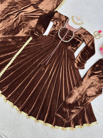 Dashing Velvet Readl Mirror Work Ready Made Anarkali Salwar Suit
