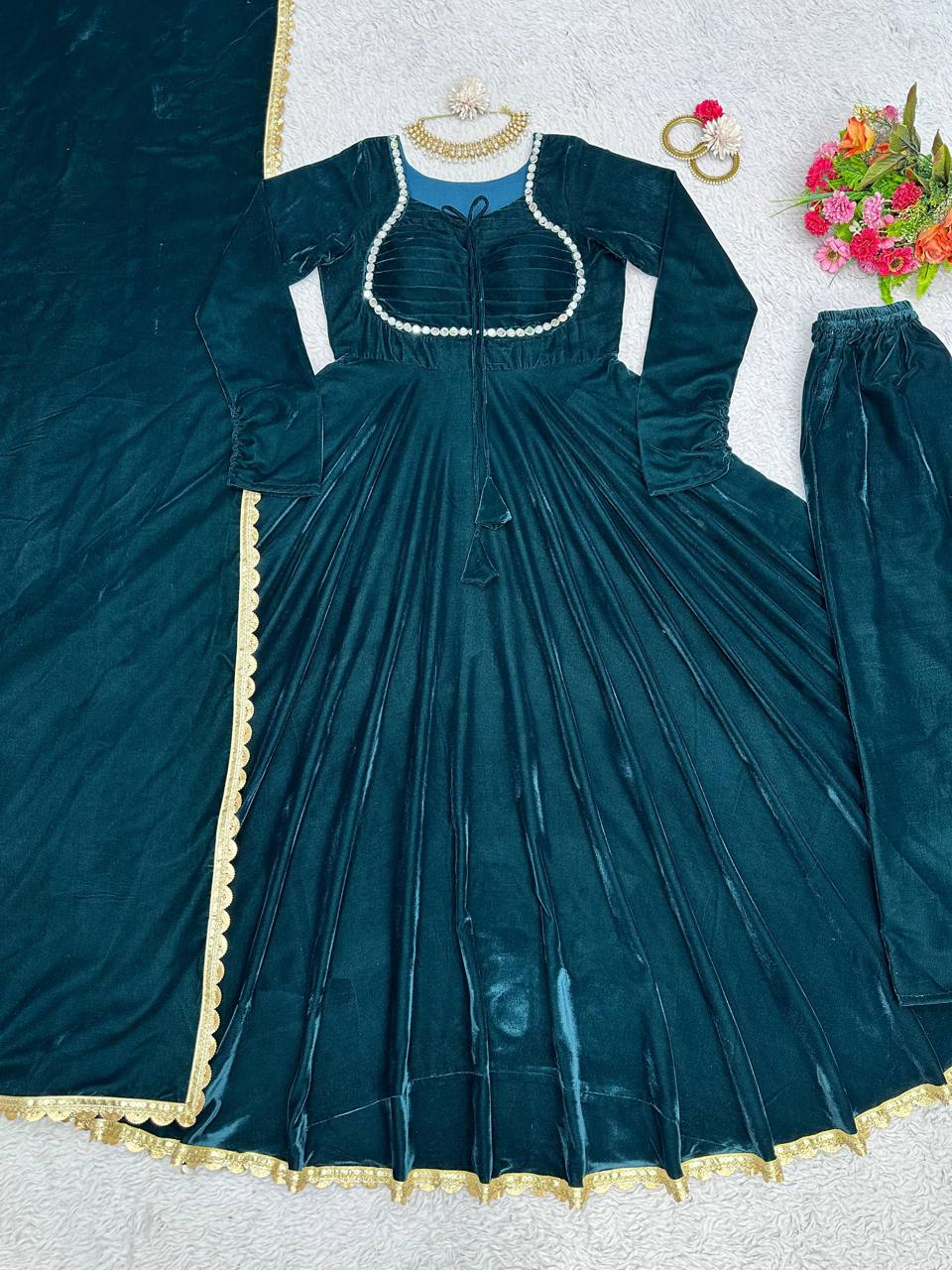 Dashing Velvet Readl Mirror Work Ready Made Anarkali Salwar Suit