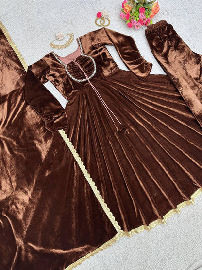 Dashing Velvet Readl Mirror Work Ready Made Anarkali Salwar Suit