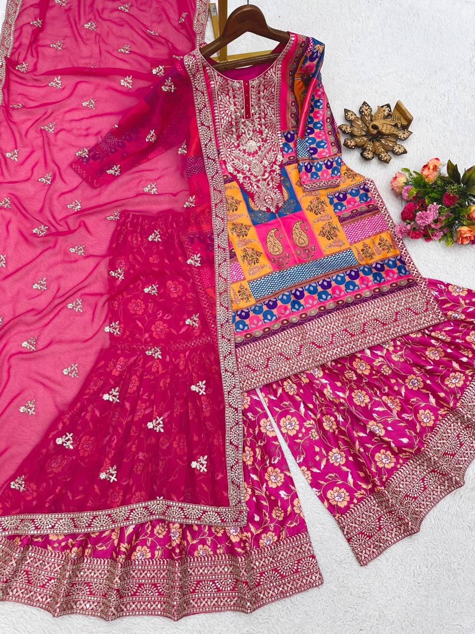 Graceful Pink Color Crape Silk Thread Sequence Work Ready Made Sharara Salwar Suit