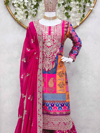 Graceful Pink Color Crape Silk Thread Sequence Work Ready Made Sharara Salwar Suit
