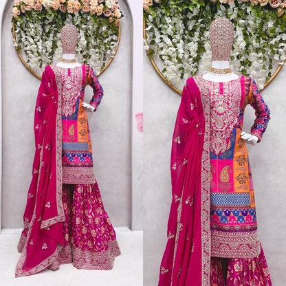 Graceful Pink Color Crape Silk Thread Sequence Work Ready Made Sharara Salwar Suit