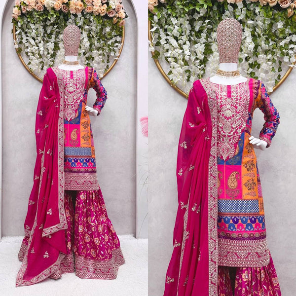 Graceful Pink Color Crape Silk Thread Sequence Work Ready Made Sharara Salwar Suit