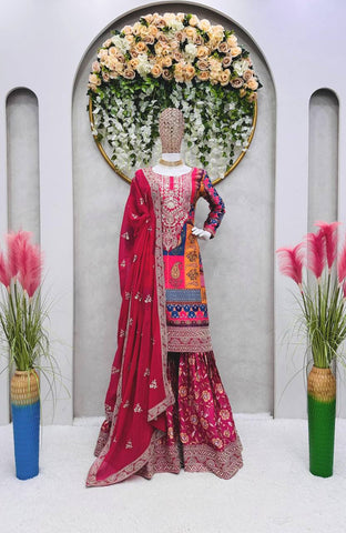 Graceful Pink Color Crape Silk Thread Sequence Work Ready Made Sharara Salwar Suit