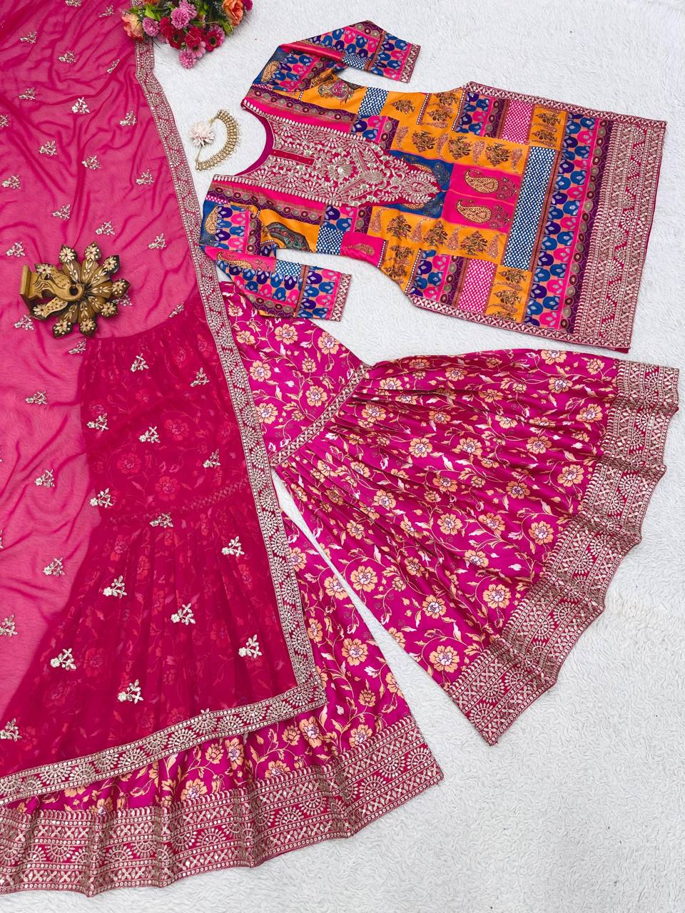 Graceful Pink Color Crape Silk Thread Sequence Work Ready Made Sharara Salwar Suit