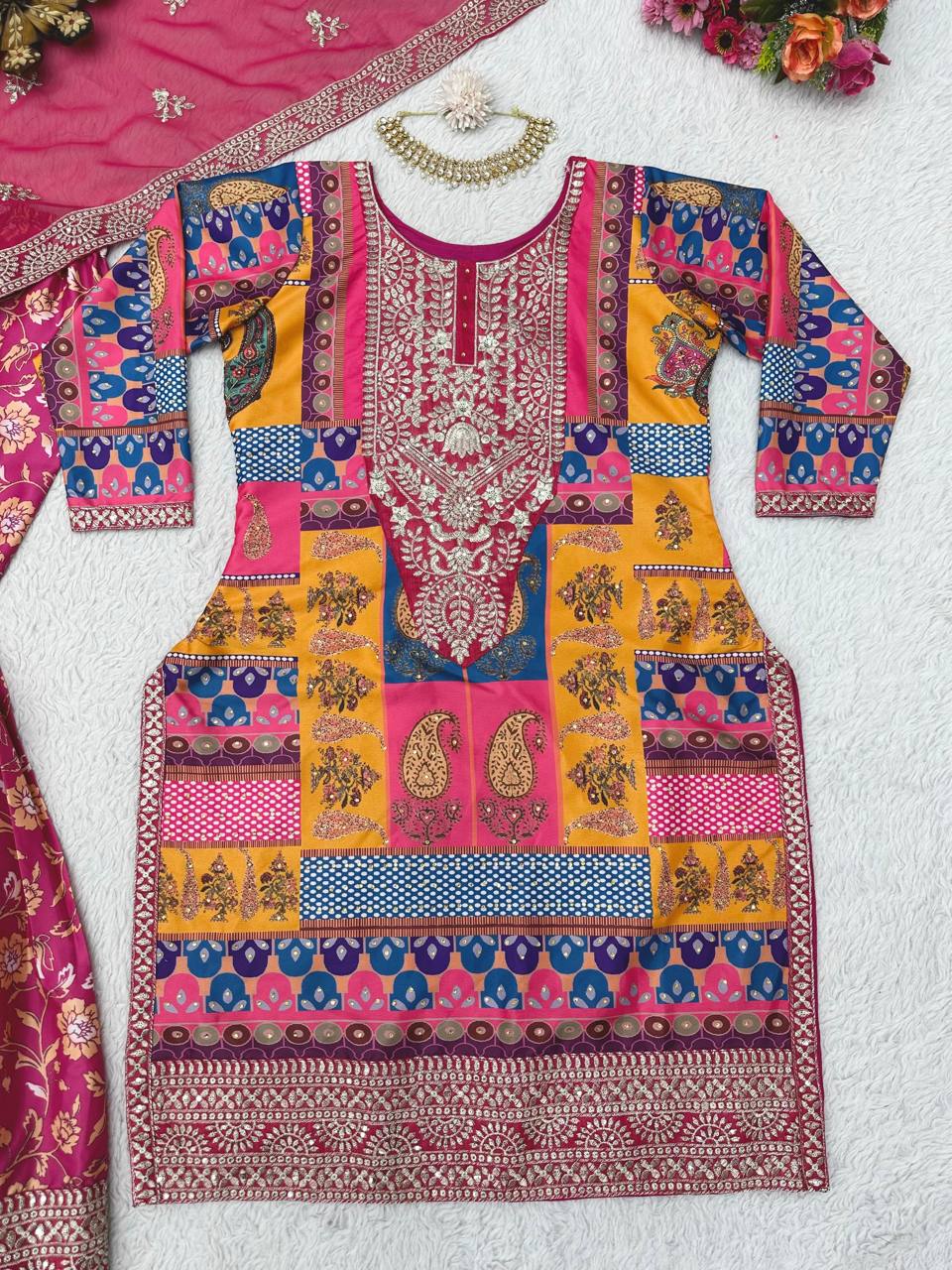 Graceful Pink Color Crape Silk Thread Sequence Work Ready Made Sharara Salwar Suit