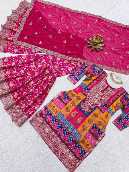 Graceful Pink Color Crape Silk Thread Sequence Work Ready Made Sharara Salwar Suit